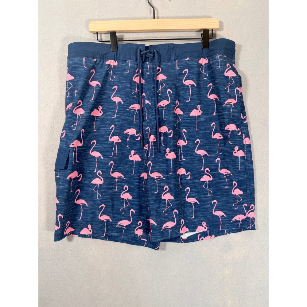 Mens Pink Flamingo Board Shorts Navy Blue Mesh Lined Swim Trunks Size Large‎